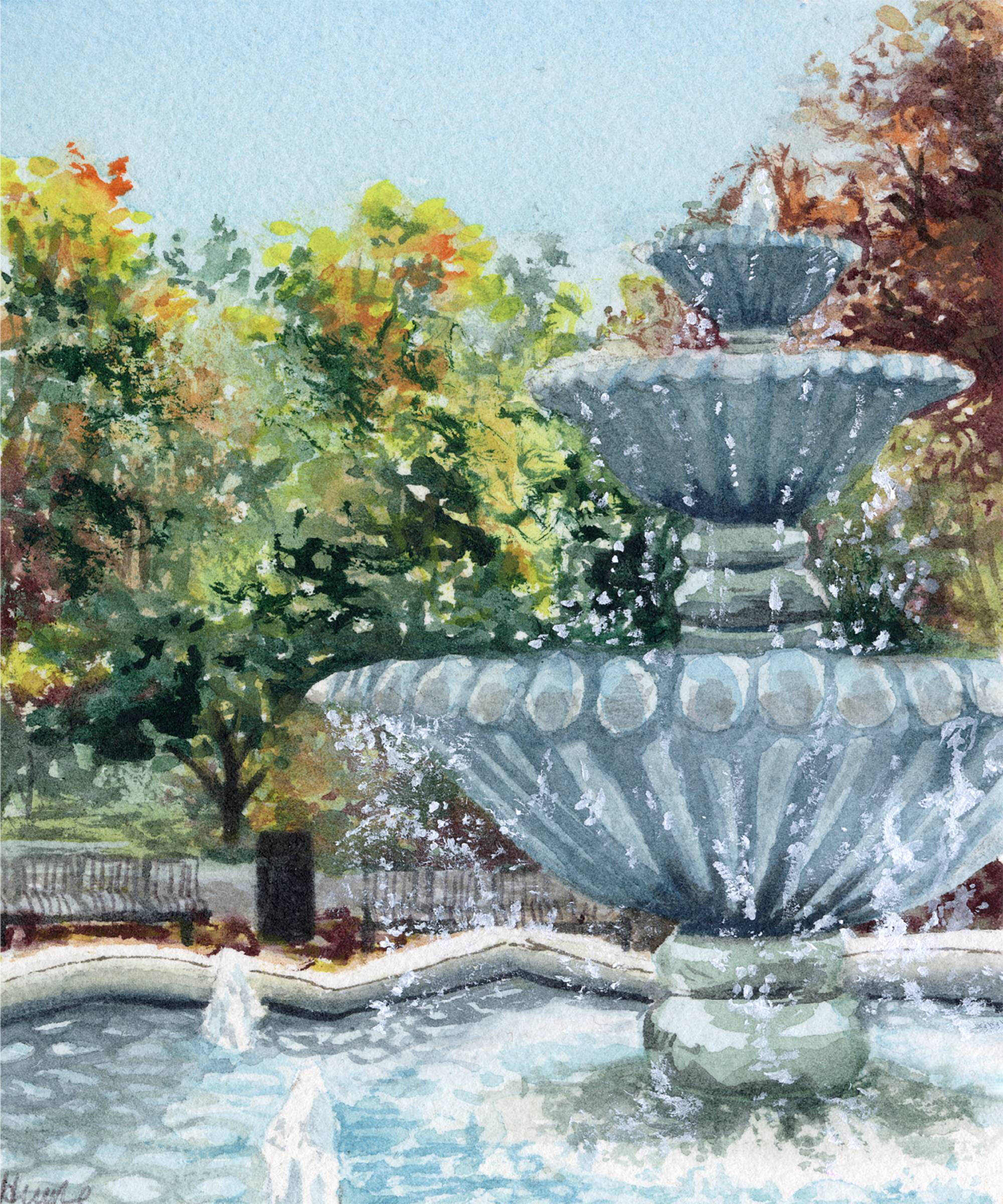 Watercolor painting of a fountain with fall trees.
